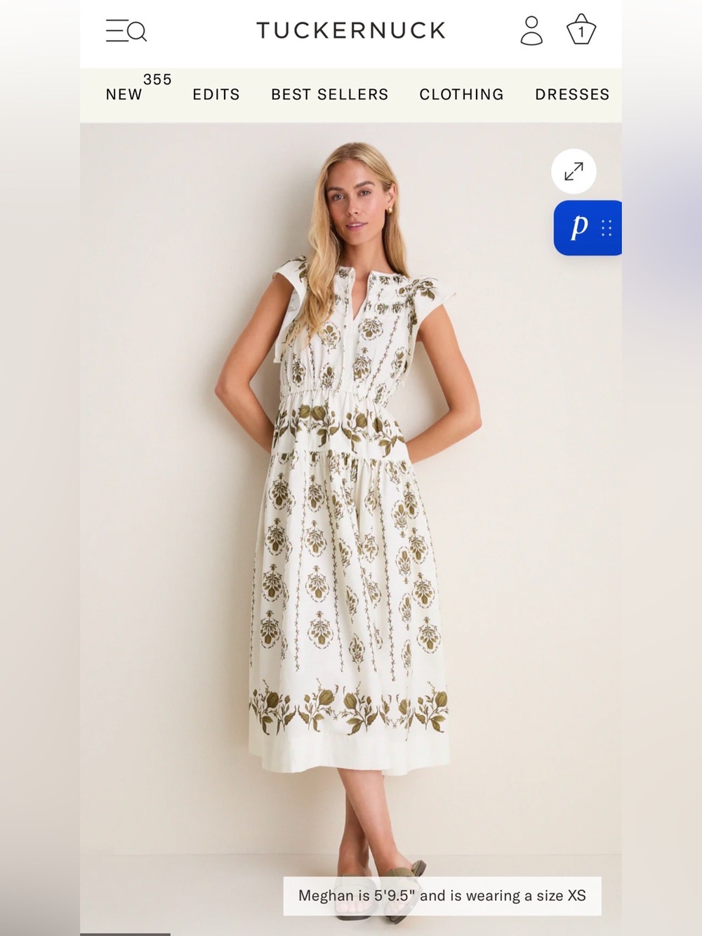 LOVE NWT Tuckernuck Moon River Beige Multi Short Ruffle Sleeve Midi Olive Sz S M - Picture 2 of 10